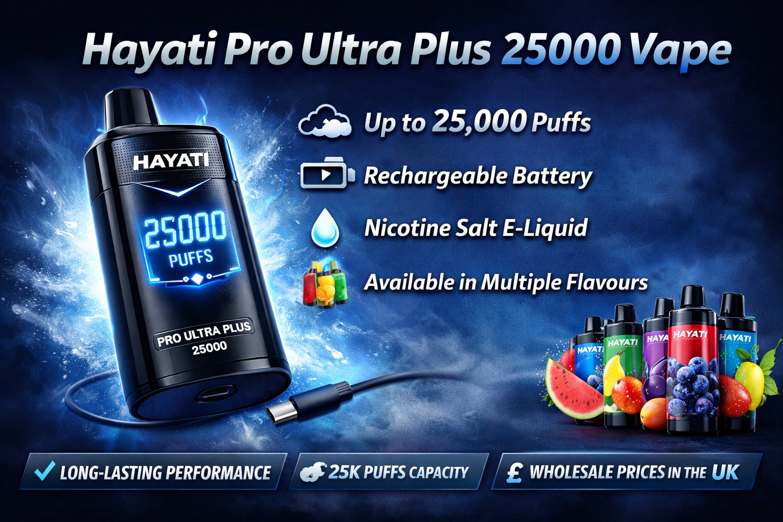 Hayati Pro Ultra Plus 25000 Vape with up to 25,000 puffs, rechargeable battery, nicotine salt e-liquid, multiple flavours, wholesale prices UK, premium disposable vape kit